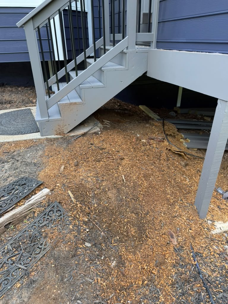 Cleared area after stump and root removal beside residential stairs